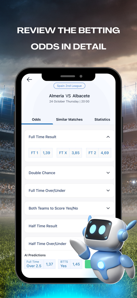 TipsPro AI: Match Prediction - Interface of TipsPro AI app showing detailed betting odds and AI predictions for a football match