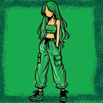 girl in baggy pants crop top and long hair