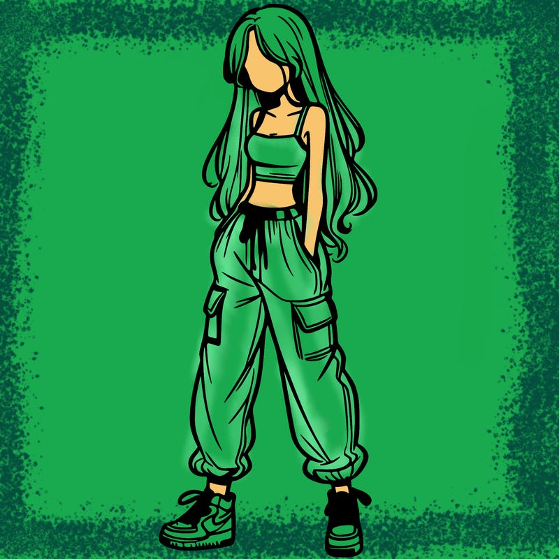 girl in baggy pants crop top and long hair