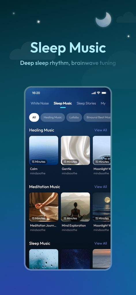 MindSoothe app interface featuring a curated selection of sleep and meditation music categories for deep relaxation and brainwave tuning