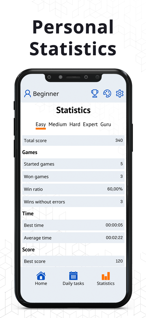 Sudoku Guru - Classic sudoku - Sudoku Guru app personal statistics screen displaying game performance and records