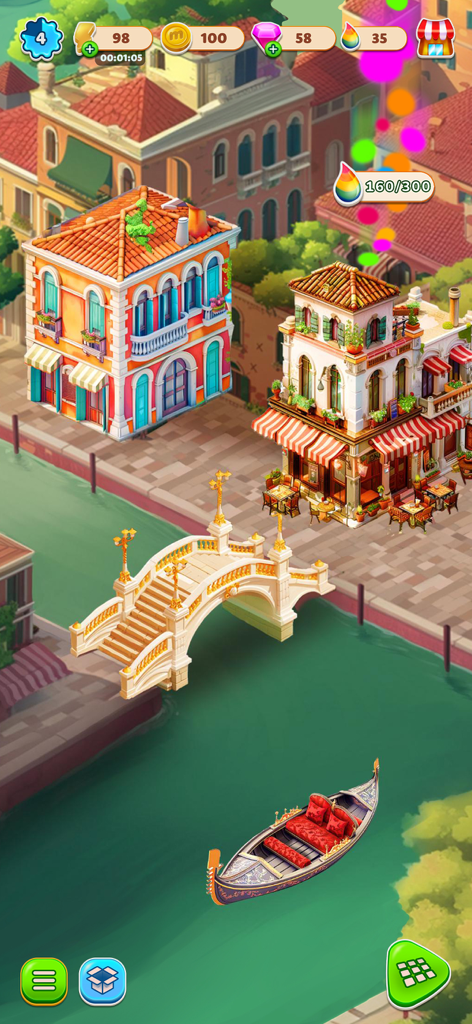 Summer Love: Merge & Story - A beautiful Venetian canal scene with a gondola and colorful buildings in the Summer Love mobile game