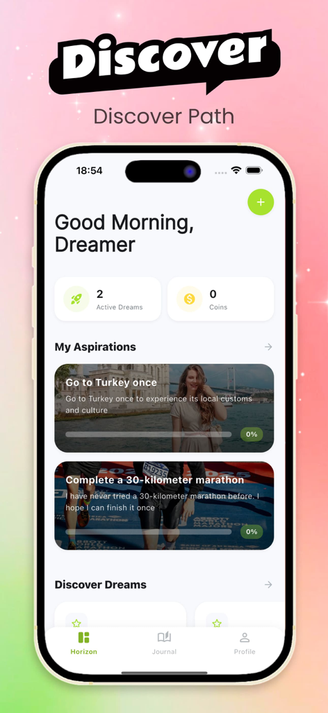 Vexy - Dream  Companion - Dashboard of the Vexy app displaying personal goals and aspirations with visual progress bars.