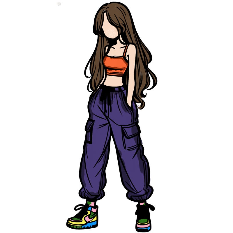 girl in baggy pants crop top and long hair