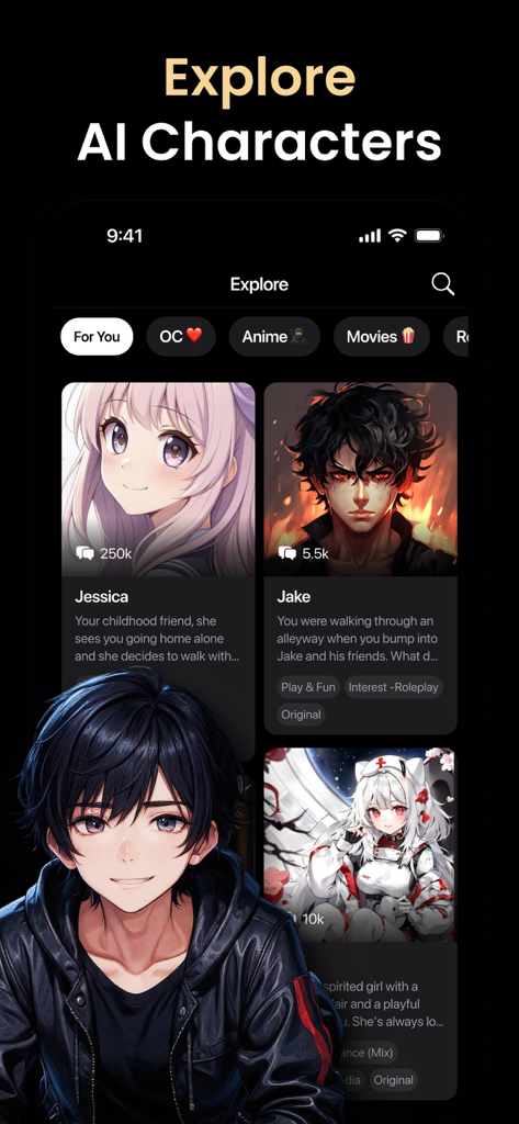 App screen showing the TalkZ explore page with various anime and roleplay AI character cards.