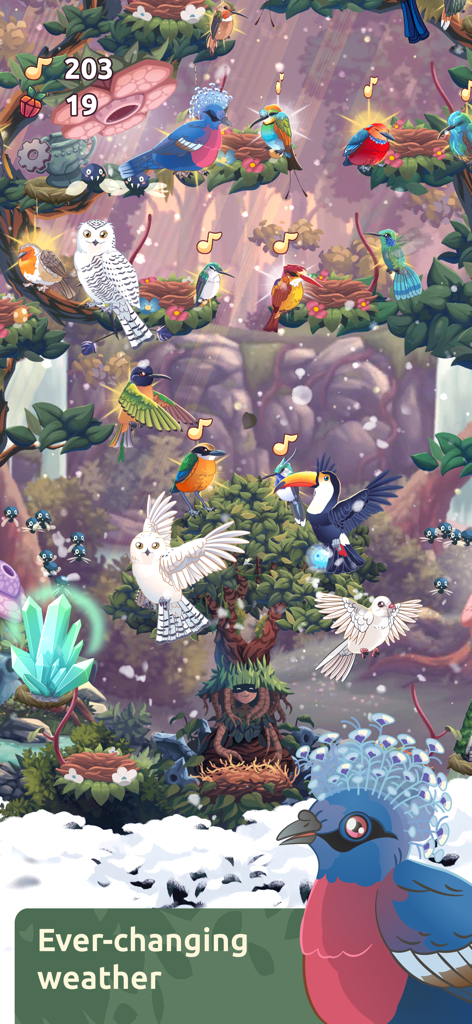 A variety of colorful birds in a snowy forest sanctuary demonstrating the ever-changing weather feature in the Bird Kind game.
