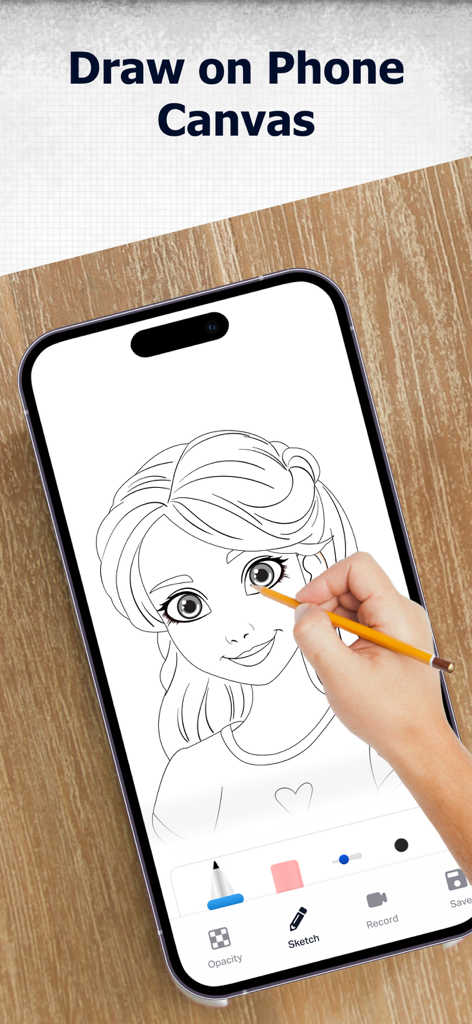 Photo Sketch Maker: Drawing - A smartphone screen showing an anime-style girl sketch being drawn on a digital canvas with a pencil.