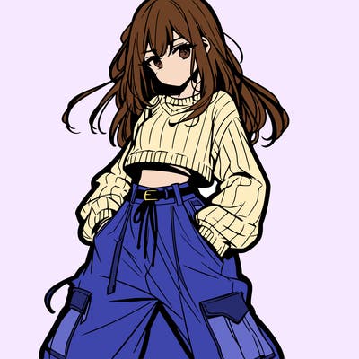 anime teen girl with baggy pants and crop top with sweater