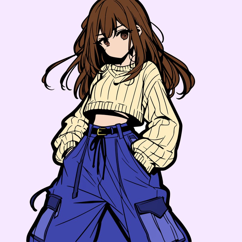 anime teen girl with baggy pants and crop top with sweater