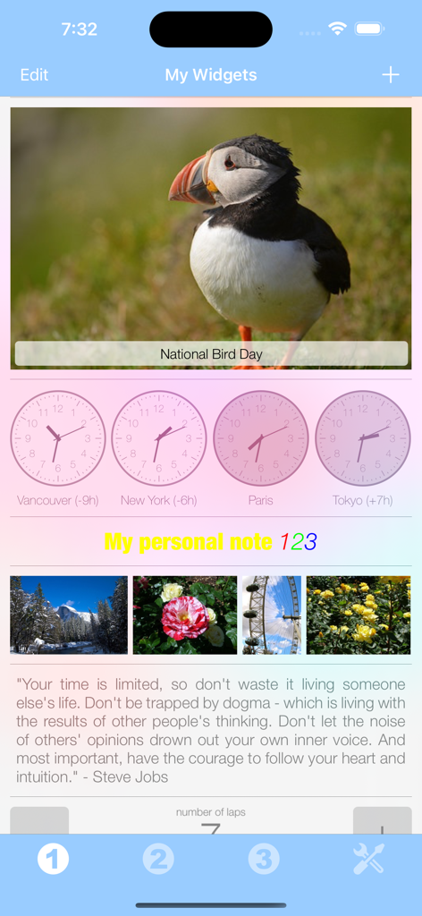 My Widgets - Interfaz de la aplicación móvil Mis Widgets que muestra un widget de fotos, relojes mundiales y notas de texto personalizadas.