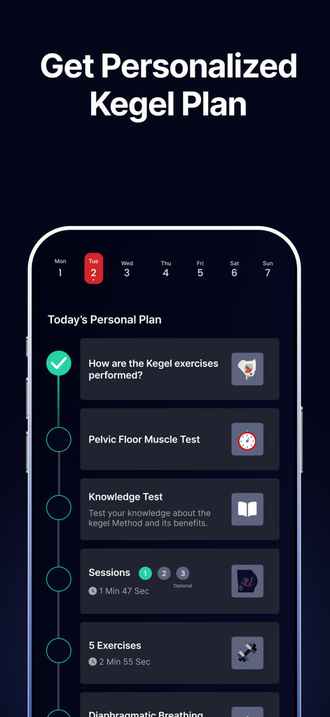 Kegel Men: Men's Health - Interface of the Kegel Men app showing a daily personalized exercise schedule.