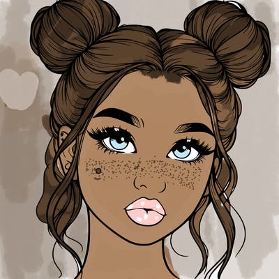 realistic girl with two buns on her hair and lips