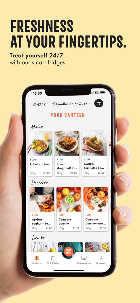 Foodles - Interfaccia dell'app Foodles che mostra una varietà di pasti freschi e dessert disponibili in un frigorifero intelligente per ufficio.