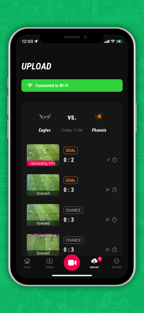 Schermata dell'app mobile Sport.Video che mostra una coda di highlights di partite di calcio in fase di caricamento