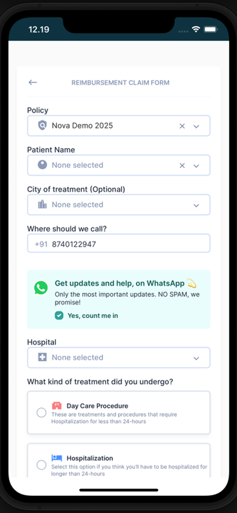 Nova Benefits app reimbursement claim form screen with fields for policy details patient name and treatment type