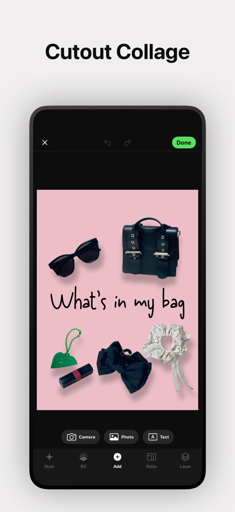 Cutout Camera AI Photo Editor - Mobile app interface showing a cutout collage of fashion accessories on a pink background with the text What is in my bag