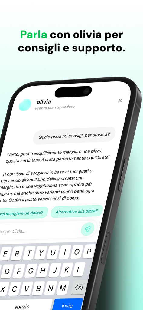 olivia: ricette su misura - Smartphone screen featuring a chat with Olivia AI coach for personalized food recommendations