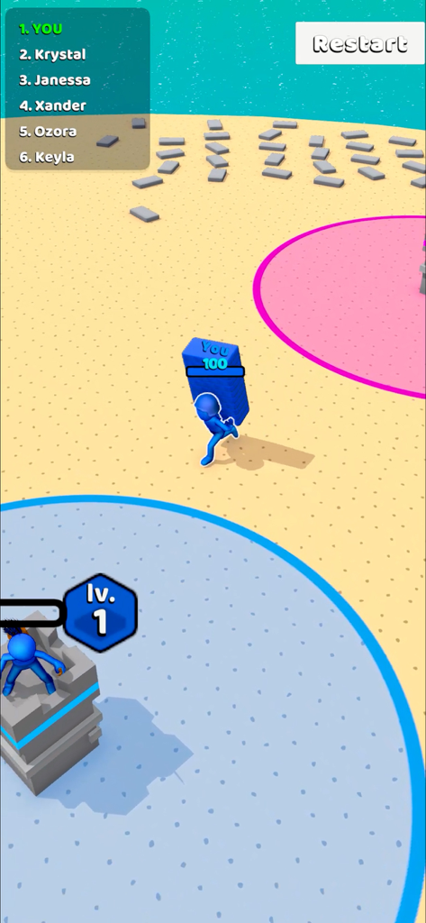 Outdo.io - A blue character carrying a large stack of blue bricks to upgrade a base in the Outdo.io game.