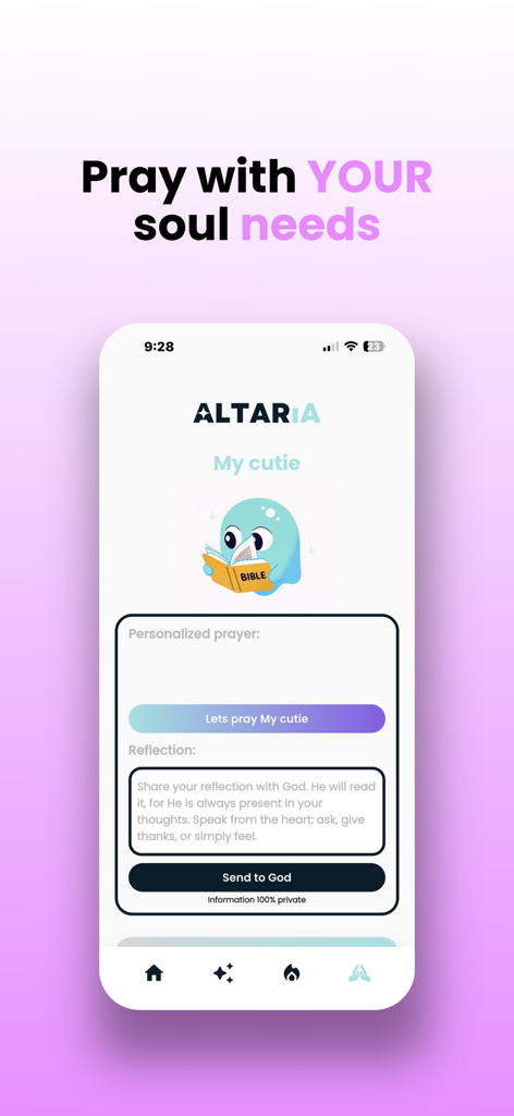 Altaria: AI Bible Soul Tracker - アルタリアアプリのインターフェースで、AI聖書コンパニオンとのパーソナライズされた祈りとスピリチュアルな反省のオプションが表示されています。