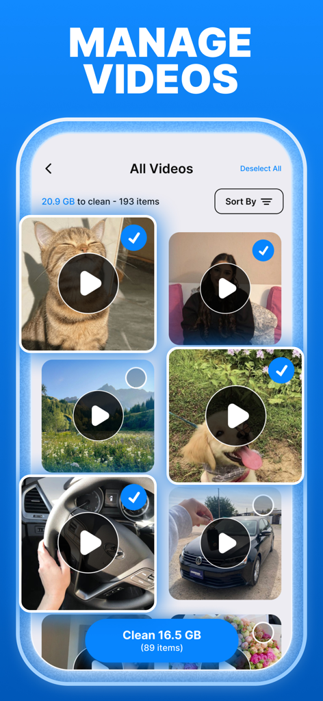 Interface of Cleaner Pro app showing video management and storage cleaning options.
