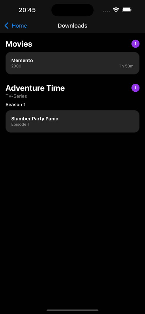 Sezione download dell'app Streamyfin che mostra film e serie TV offline