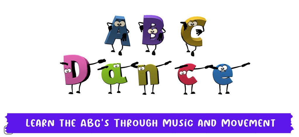 ABC Dance - カラフルなアニメーション文字が踊り、ABCダンスのタイトルを形成し、教育的なキャッチフレーズを上に表示しています。