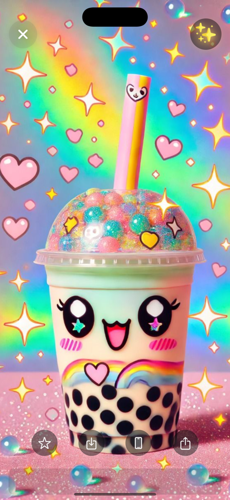 Kawaii Wallpapers Aesthetic 4K - Papel de parede fofo de chá de boba com rosto kawaii e brilhos de arco-íris pastel.