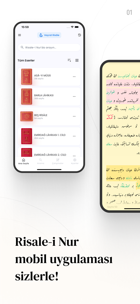 Hayrat Risale-i Nur - Interfaz de la aplicación móvil Hayrat Risale-i Nur mostrando una lista de libros y un lector de texto con resaltados.