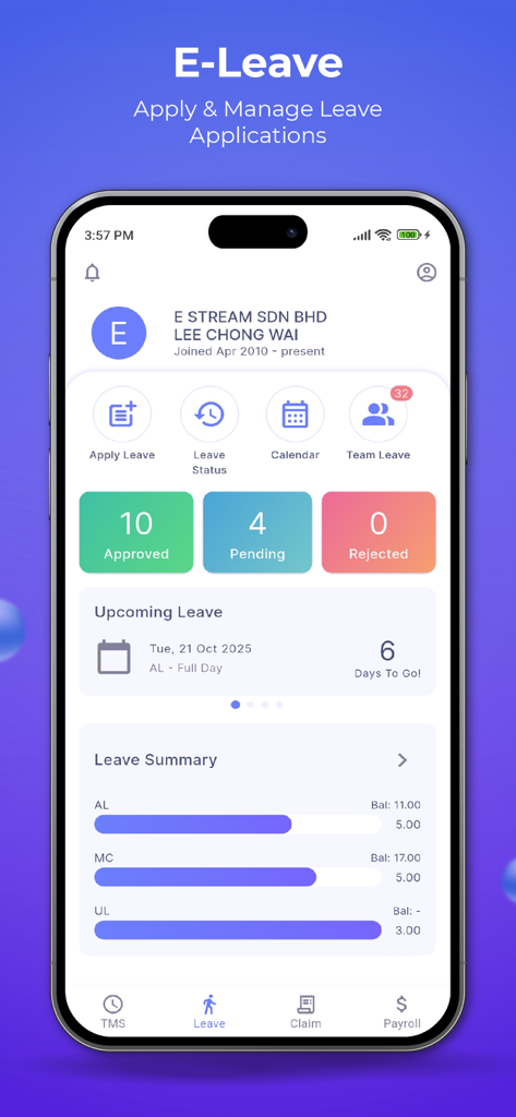 SQL HRMS - SQL HRMS mobile app dashboard for E-Leave showing leave balances and status summary