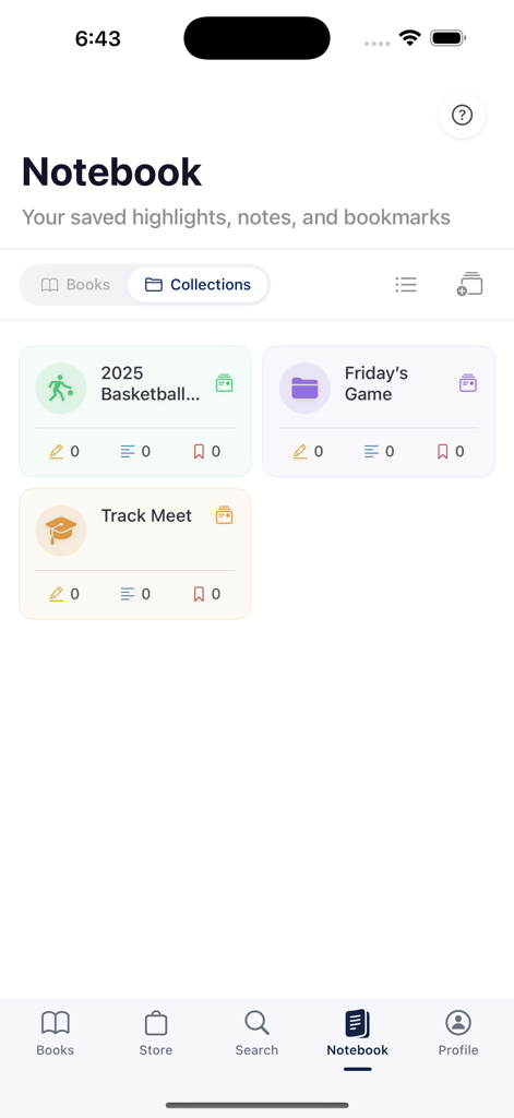 NFHS Digital - A screenshot of the NFHS Digital app notebook showing organized collections of highlights and bookmarks for sports rules.