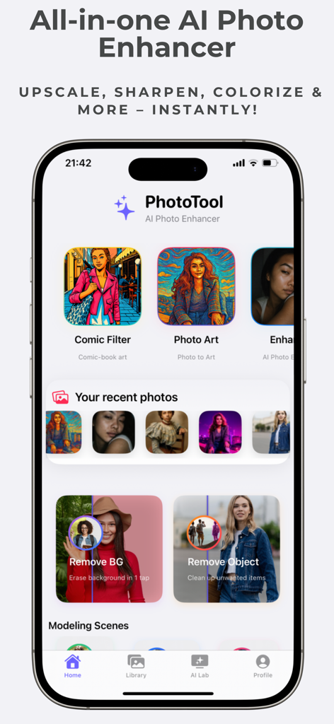 PhotoTool - AI Photo Enhancer - Home screen of the PhotoTool app showing AI features like comic filters and background removal