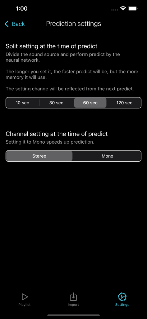Prediction settings screen in the Music-1G app showing options for audio split duration and stereo or mono channel selection.