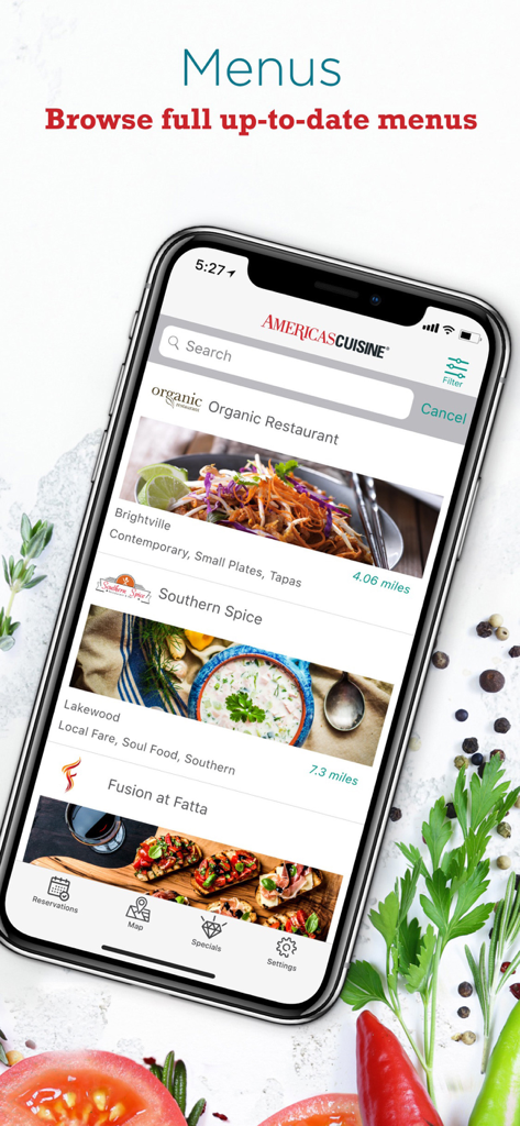 Captura de tela do aplicativo Greenville Dining mostrando uma lista de restaurantes locais e seus menus.