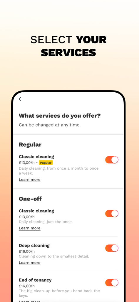 Self-employed jobs Wecasa Pro - Mobile app screen for selecting home cleaning services and viewing hourly rates