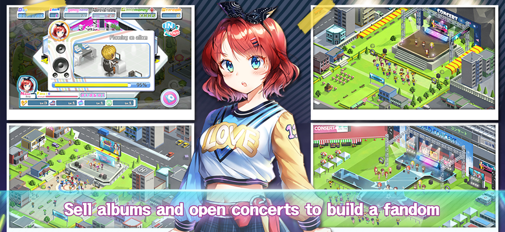 Love Idol Company : Kpop Girls - Écran de jeu de gestion d'idoles Kpop montrant des scènes de concert et une interface de planification d'albums