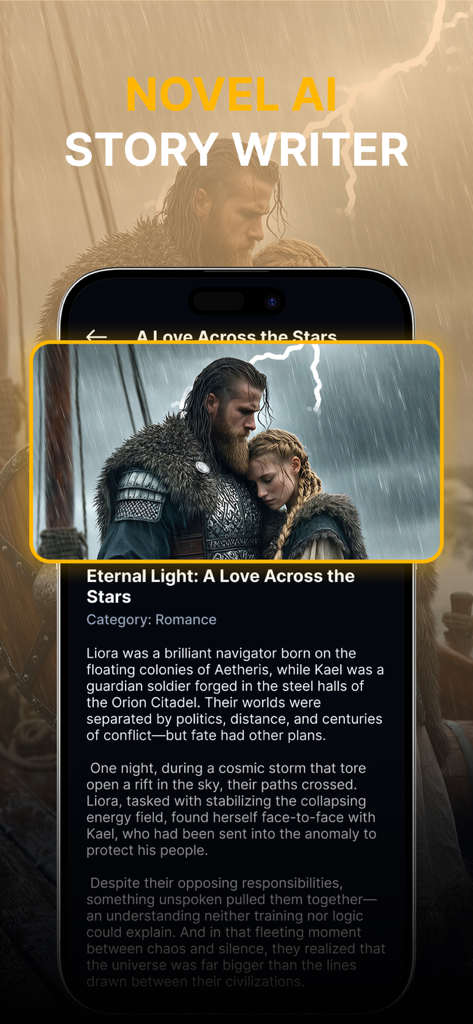 AI Story Generator - Story AI - Interface showing an AI-generated romance story with a cinematic cover image of a couple in the rain.