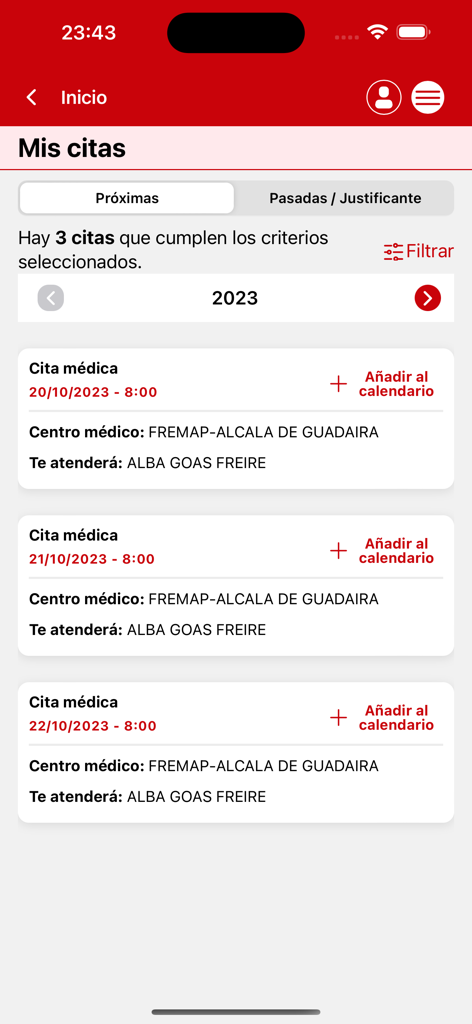 Liste des prochains rendez-vous médicaux affichée dans l'application mobile FREMAP Contigo
