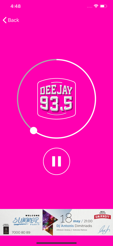 A mobile app screen for Radio Live Cyprus playing Deejay 93.5 with a pink background and a circular progress indicator.