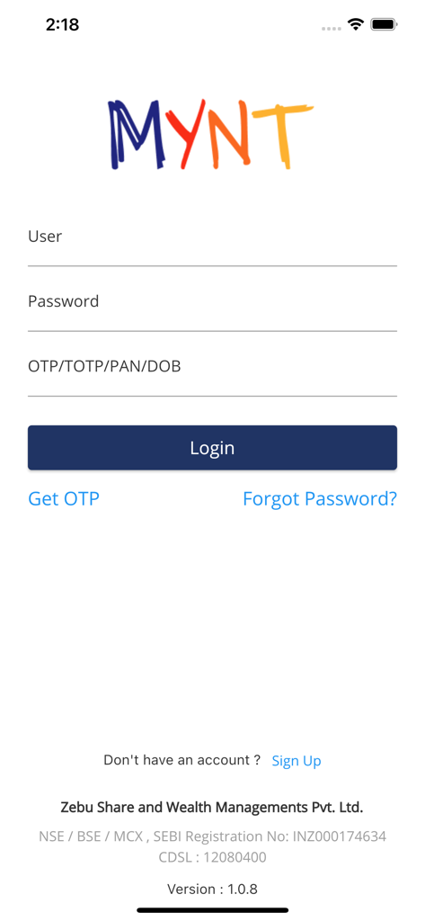 MYNT Zebu - Login screen for the MYNT Zebu mobile app showing fields for user ID, password, and OTP verification.