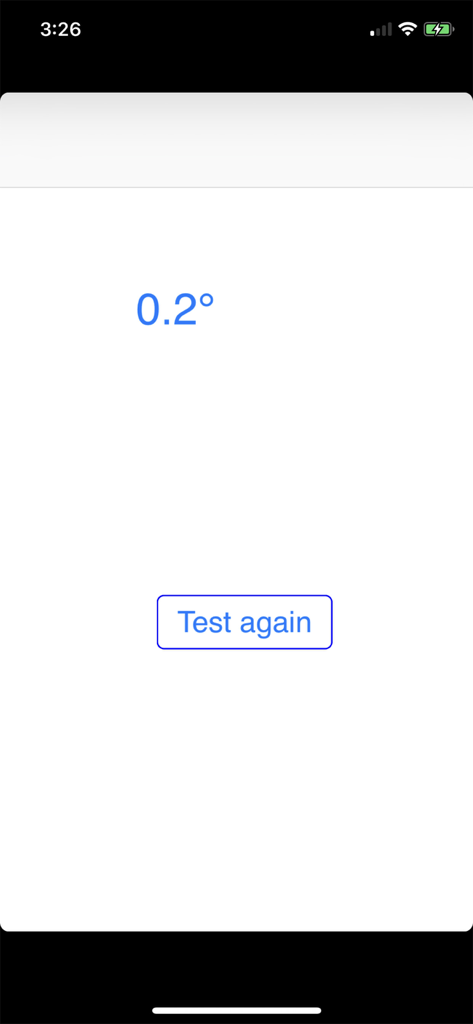 Screenshot of the Visual Vertical app displaying a measurement result of 0.2 degrees with a Test again button.