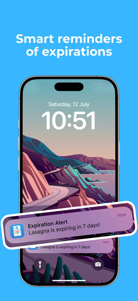 Freezer Inventory Tracker - Smartphone lock screen showing an expiration alert for lasagna expiring in 7 days from the Freezer Inventory Tracker app