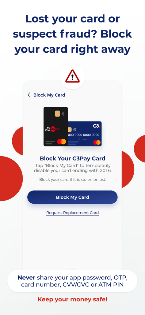 C3Pay mobile App-Oberfläche, die die Sicherheitsfunktion zum sofortigen Sperren einer verlorenen oder gestohlenen Karte zeigt.