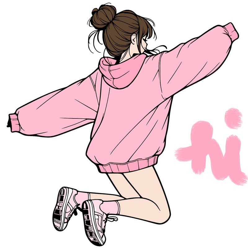realistic girl jumping with a bun and oversized sweatshirt