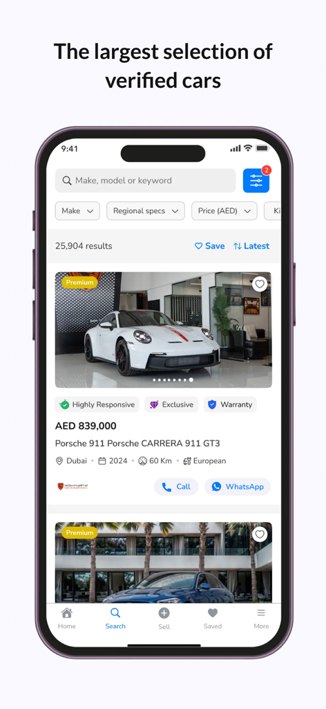 DubiCars | Used & New Cars UAE - DubiCars mobile app search interface showing a premium Porsche 911 GT3 car listing in Dubai