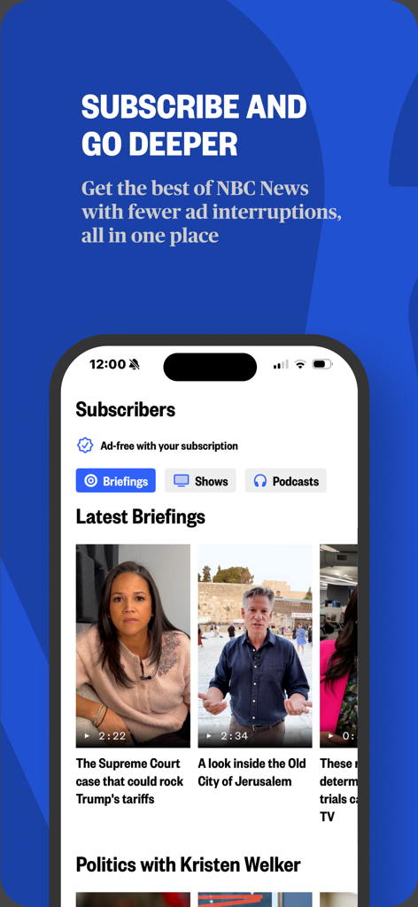 NBC News: Breaking & US News - Interfaz de la aplicación NBC News que muestra la sección de suscriptores con resúmenes de video sin anuncios y programas
