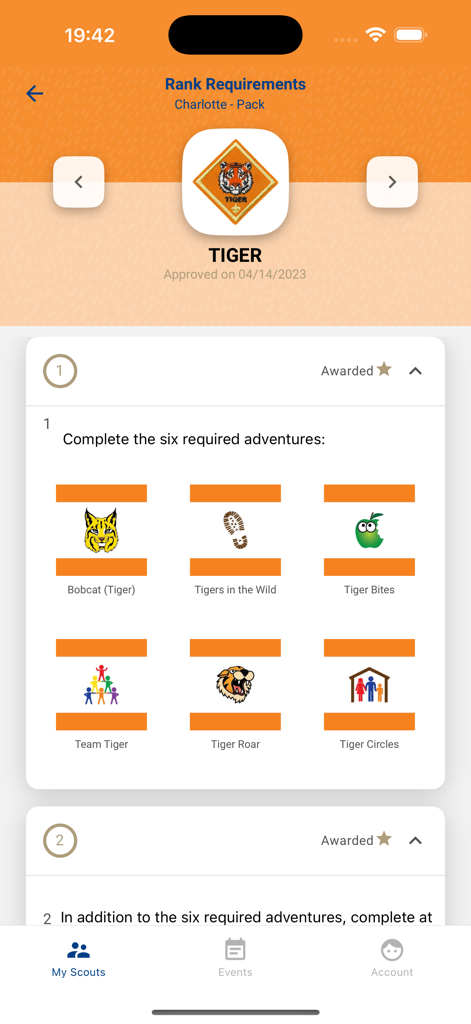 Scouting - Scouting app screen displaying Tiger rank requirements and completed adventure badges for a scout