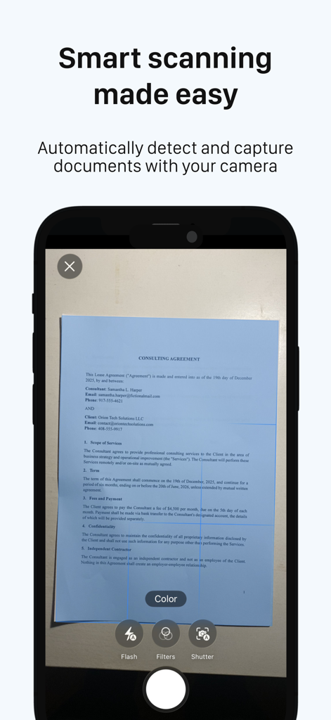 NoPen – Scan docs, Sign & Fill - Interface showing automatic document detection and capture with the NoPen app camera