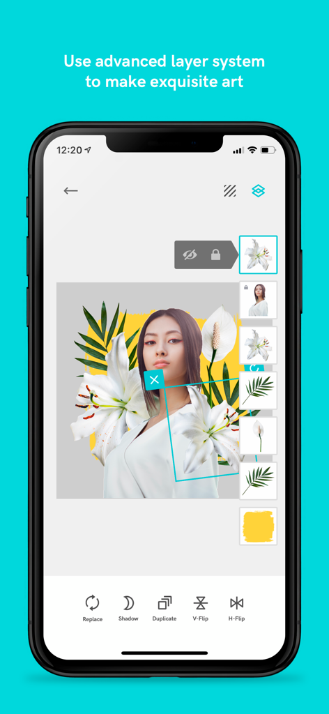 Picolla - Be Bohemian - Advanced layer editing interface in the Picolla app for creating bohemian floral collages