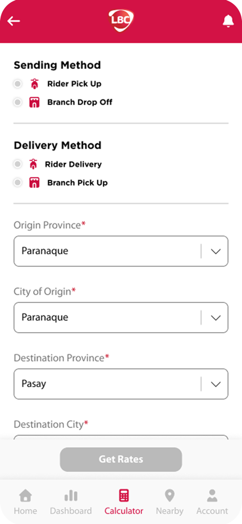 LBC Express - LBC Express mobile app screen for calculating shipping rates between cities in the Philippines