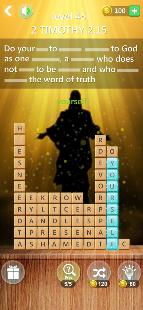 Bible word verse stack puzzle - Gameplay of Bible word verse stack puzzle showing a scripture level with letter blocks and a Jesus silhouette background